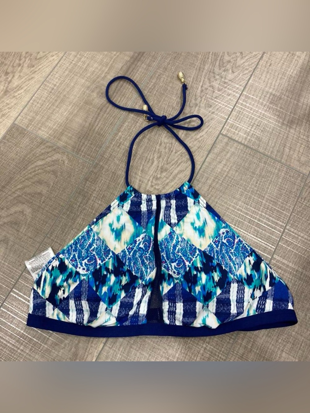 BCBGeneration Blue, Aqua and Navy Floral Trim Bikini Top
